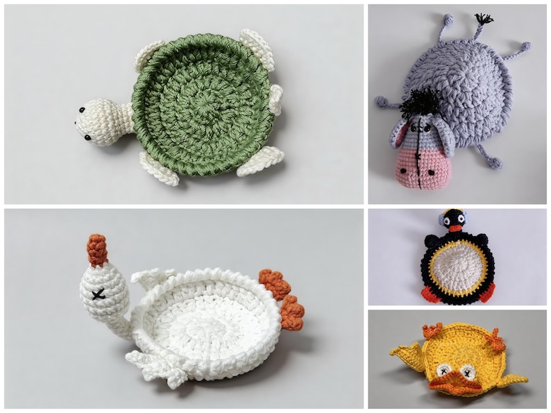 animal crochet coaster set including turtle goose penguin duck, pop up mug rug crochet patterns, fun DIY coaster designs