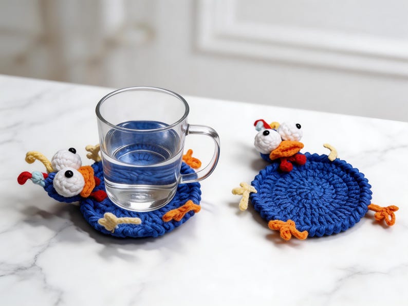 rooster pop-up animal coaster crochet pattern holding a glass cup, fun crochet mug rug