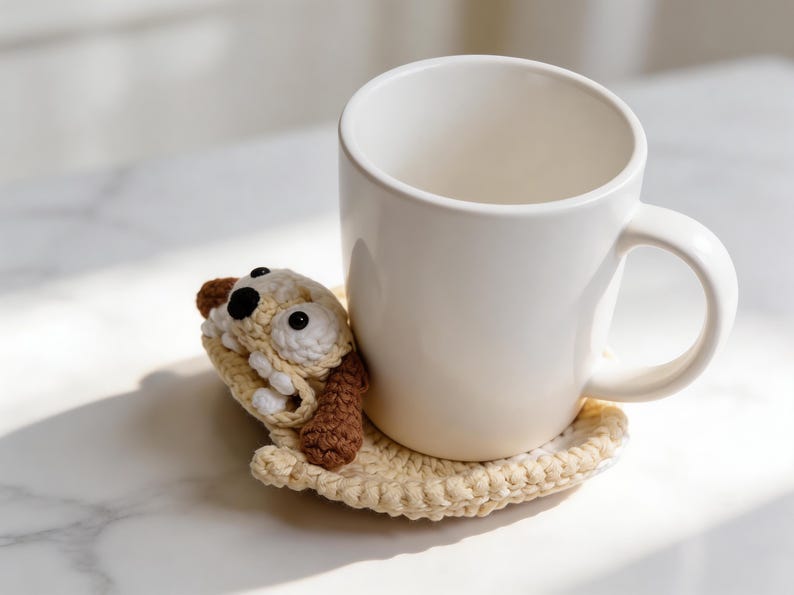 dog animal coaster crochet pattern holding a coffee mug, cute pop-up crochet mug rug design