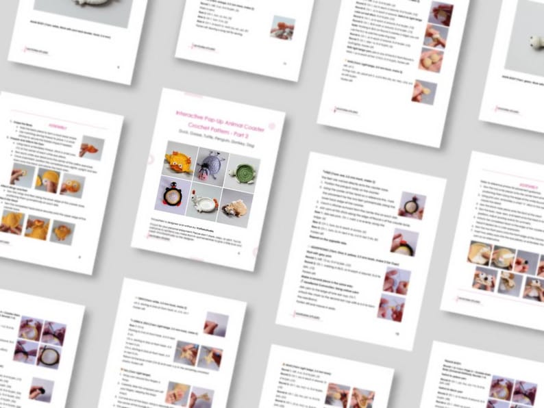Interactive Pop-Up Animal Coaster Crochet Pattern PDF pages displayed in stacked mockup layout, featuring step-by-step tutorial photos, written US terms instructions, and cute animal coaster designs.
