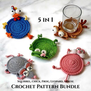 5-in-1 Popping Coaster Crochet Pattern Bundle – Easy Amigurumi Coaster (Squirrel, Chick, Mouse, Leopard, Frog)