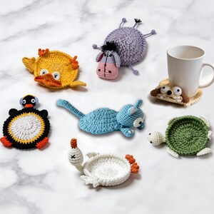 cute animal crochet coaster patterns 3D pop up mug rug set duck turtle dog cat handmade coaster designs