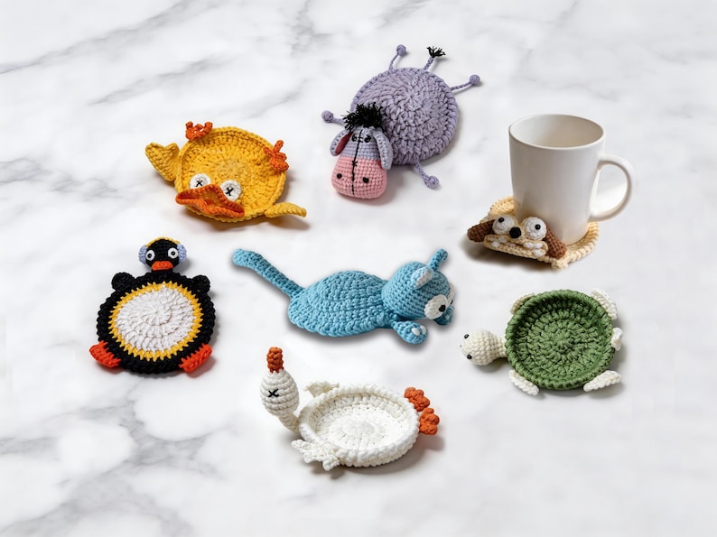 cute animal crochet coaster patterns 3D pop up mug rug set duck turtle dog cat handmade coaster designs