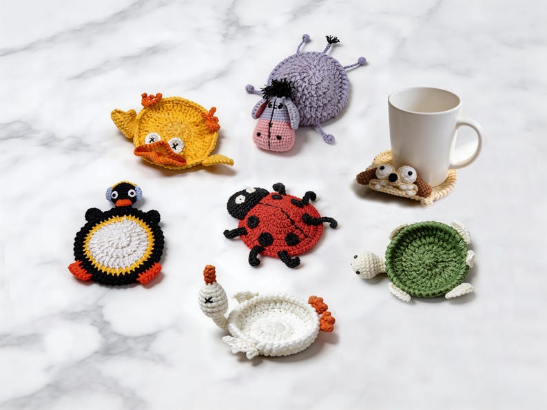 collection of animal coaster crochet patterns including fox duck goose penguin turtle and ladybug and donkey mug rugs