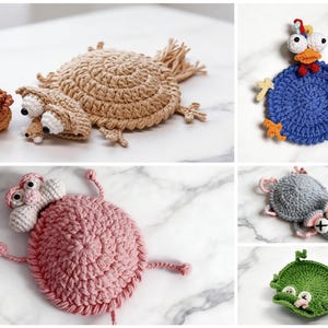 crochet animal coaster bundle featuring sloth chicken mouse frog, handmade mug rug patterns, cute crochet coaster collection