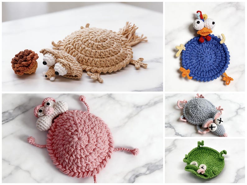 crochet animal coaster bundle featuring sloth chicken mouse frog, handmade mug rug patterns, cute crochet coaster collection
