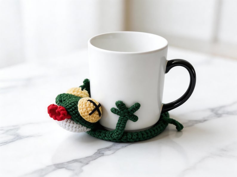 pop up crochet coaster with mug, cute lizard mug rug crochet pattern
