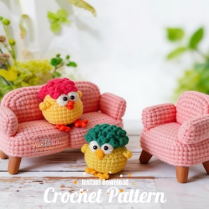 Pacote de padrões de crochê para sofá de pintinho em PDF | Móveis de amigurumi para casa de bonecas | Mini sofá faça você mesmo