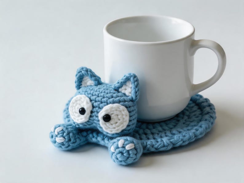 pop up crochet coaster with cup functional mug rug cute animal coaster in use handmade crochet