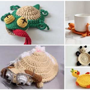 cute animal crochet coasters including frog fox hedgehog panda, pop up mug rug pattern bundle, handmade crochet decor