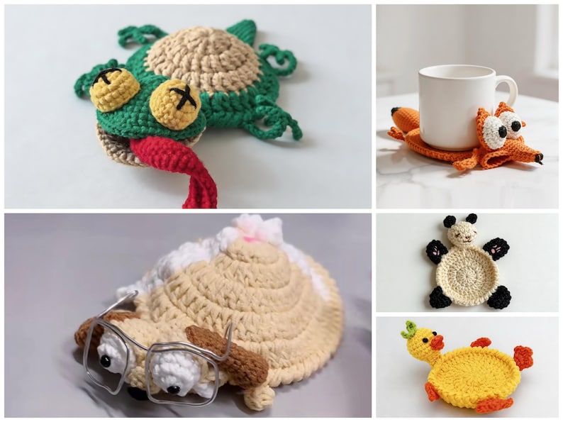 cute animal crochet coasters including frog fox hedgehog panda, pop up mug rug pattern bundle, handmade crochet decor