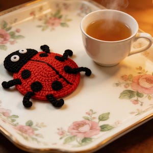 ladybug crochet coaster with tea cup, cute pop up mug rug, handmade crochet coaster pattern, cozy home decor crochet idea