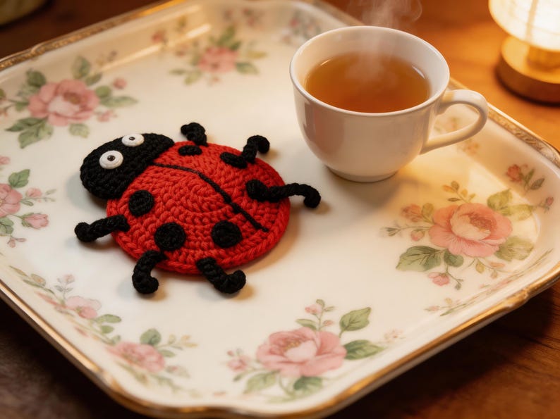 ladybug crochet coaster with tea cup, cute pop up mug rug, handmade crochet coaster pattern, cozy home decor crochet idea