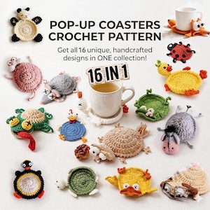 May include: A collection of 16 unique, handcrafted crochet coasters in various animal designs, including a panda, mouse, turtle, duck, and ladybug. The coasters are displayed on a white surface with a coffee cup.