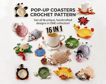 16-in-1 Animal Coaster Crochet Pattern Bundle PDF – Pop-Up Mug Rug Patterns, Video Support