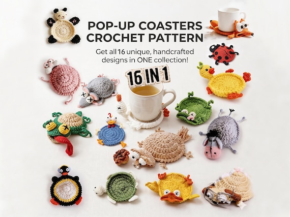 16-in-1 Animal Coaster Crochet Pattern Bundle PDF – Pop-Up Mug Rug Patterns, Video Support
