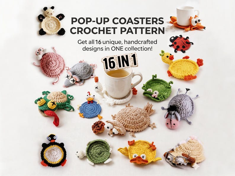16-in-1 animal coaster crochet pattern bundle showing pop-up fox, duck, turtle, frog, panda, penguin and other cute animal mug rug designs