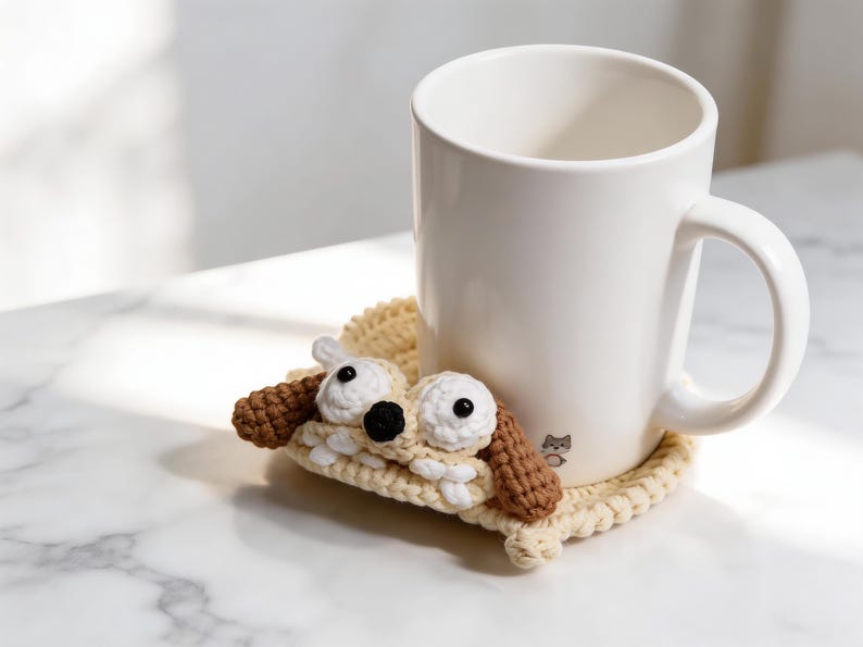 dog crochet coaster cute pop up mug rug handmade animal coaster crochet pattern design