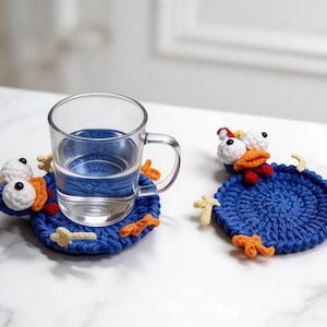 blue chicken crochet coaster pop up mug rug cute animal coaster handmade crochet pattern design