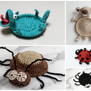 crochet animal coaster pattern bundle featuring spider lizard sloth ladybug cockroach, handmade pop up mug rug designs, fun crochet coaster set