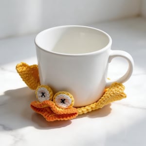 yellow duck pop-up coaster crochet pattern holding a coffee mug, cute animal mug rug