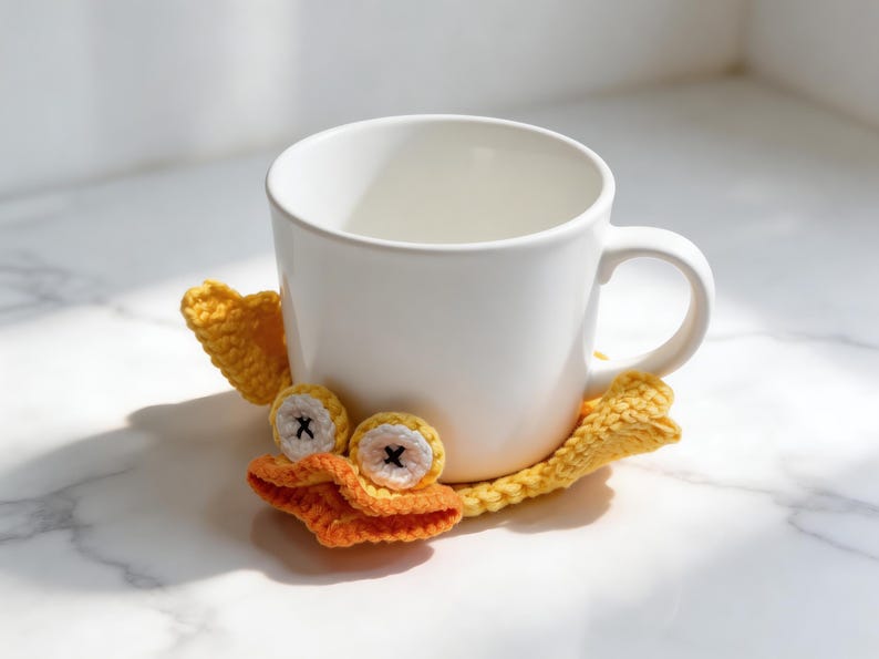yellow duck pop-up coaster crochet pattern holding a coffee mug, cute animal mug rug