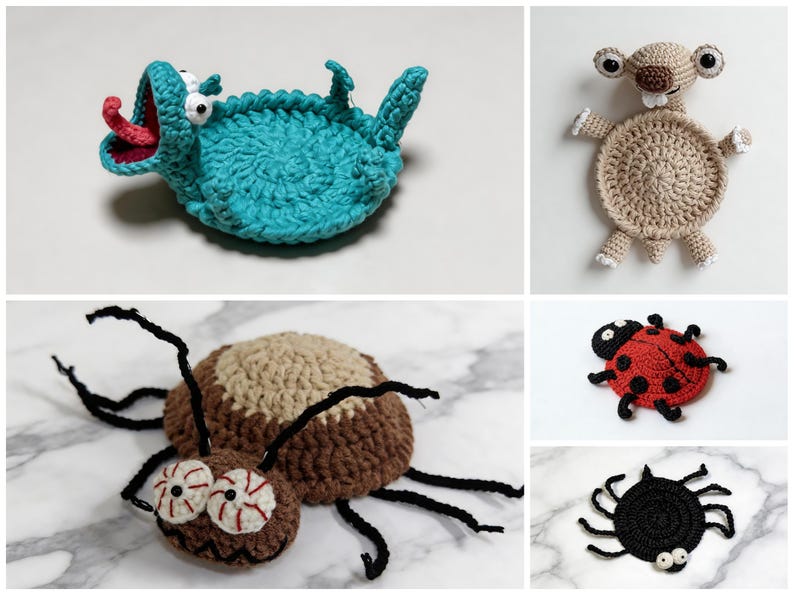bug crochet coasters cockroach ladybug spider funny pop up mug rug crochet pattern set