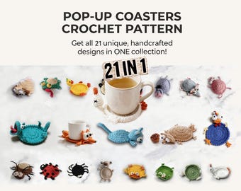 21-in-1 Animal Coaster Crochet Pattern Bundle PDF – Pop-Up Mug Rug, Cat Coaster, Video Support