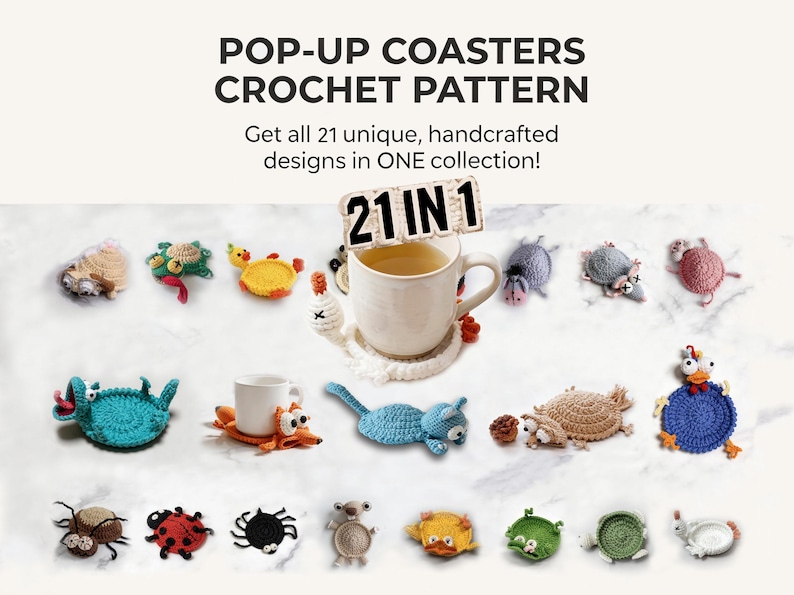 pop up animal coaster crochet pattern bundle 21 in 1 cute 3D mug rug designs with cup interactive coaster set