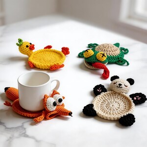 cute animal crochet coaster patterns including mouse duck fox panda and lizard mug rug designs