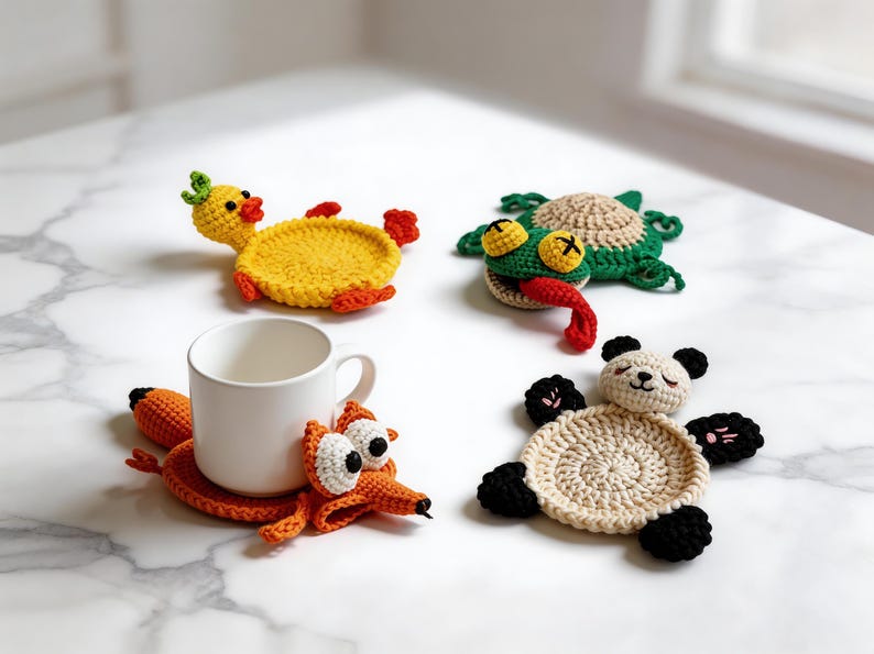 cute animal crochet coaster patterns including mouse duck fox panda and lizard mug rug designs