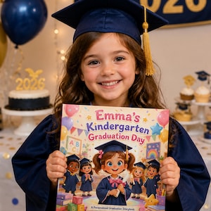 Peut inclure: Un livre relié intitulé Emma's Kindergarten Graduation Day présentant une illustration colorée d'enfants portant des toques et des robes de diplômés. La couverture montre un personnage central tenant un diplôme, entouré de ballons et de livres.