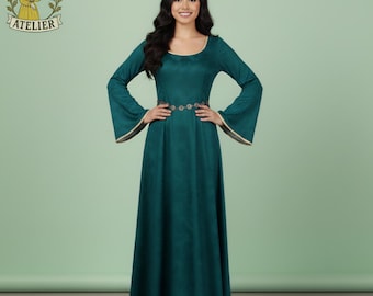 Vestido de princesa esmeralda medieval/Vestido victoriano de bruja gótica/Disfraz de elfo de manga larga color marfil/Vestido celta verde de fantasía de princesa