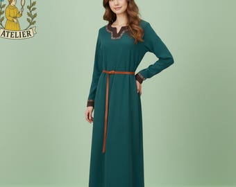 Handmade Medieval Renaissance Dress,Renaissance Gown with Embroidered Trim,Viking Gown,Medieval Long Sleeve Dress,Historical Costume