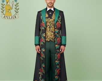 Emerald Fantasy Men’s Suit,Green Victorian Costume,Baroque Vest Set,Fairytale Gentleman Outfit,LARP Fantasy Knight,Viking Steampunk Cosplay