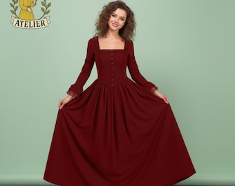 Vestido medieval renacentista hecho a mano, vestido estilo cottagecore con cuello alto, atuendo witchcore, vestido vikingo renacentista, disfraz de fantasía para LARP y cosplay