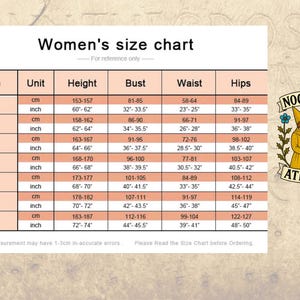 May include: A size chart titled Women's size chart with rows for sizes XS through 3XL, listing height, bust, waist, and hip measurements in both centimeters and inches. To the right is a logo for Noctura Atelier featuring a person in a hat.