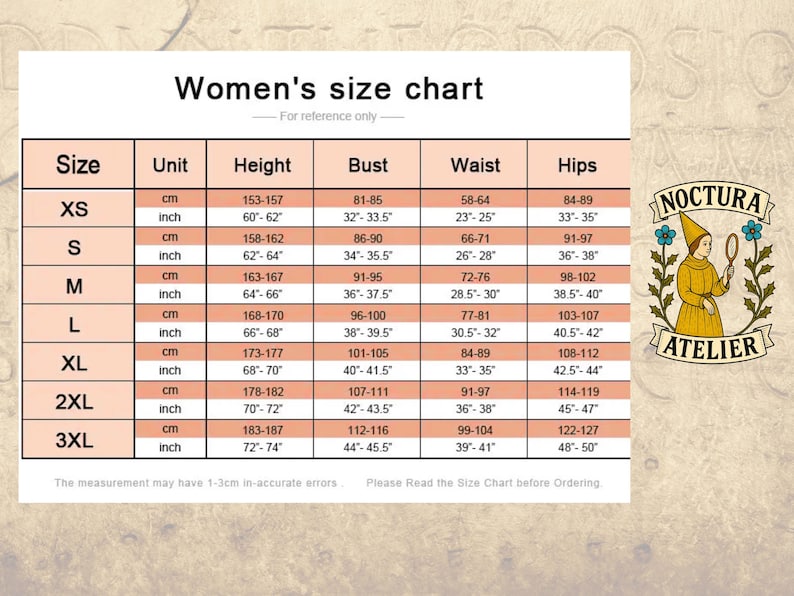 May include: A size chart titled Women's size chart with rows for sizes XS through 3XL, listing height, bust, waist, and hip measurements in both centimeters and inches. To the right is a logo for Noctura Atelier featuring a person in a hat.