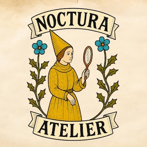May include: A graphic illustration featuring a person in a pointed hat and yellow tunic holding a hand mirror. The design includes blue flowers on green stems and banners with the text NOCTURA at the top and ATELIER at the bottom in black ink.