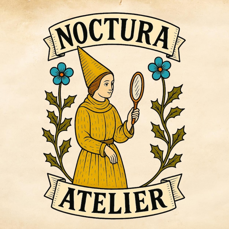 May include: A graphic illustration featuring a person in a pointed hat and yellow tunic holding a hand mirror. The design includes blue flowers on green stems and banners with the text NOCTURA at the top and ATELIER at the bottom in black ink.