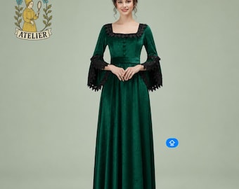 Middeleeuwse kerstjurk | Fluweelzachte renaissancejurk | Handgemaakte Victoriaanse jurk | Middeleeuwse groene jurk | Vintage kerstjurk