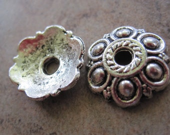 50 Antiqued Silver-Plated Pewter Bead Caps, 13x13mm Flower - JD5