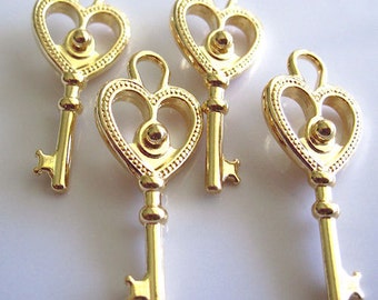 Charms - Lot of 4, Gold-Plated Pewter, 29x12mm Double-Sided Key - JD108