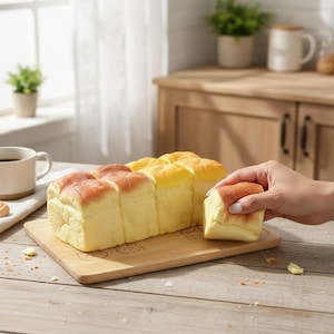 May include: A loaf of fresh, golden-yellow bread with a reddish-brown top, sitting on a wooden cutting board. A hand holds a single bread cube. The bread is on a wooden table near a window and a cup of coffee.