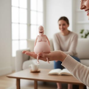 May include: A pink figurine of a smiling person with a large belly and small legs. The figurine is held in a person's hand. The background shows a living room with a coffee table and a person sitting on a sofa.