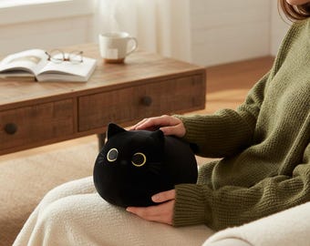 Kawaii Black Cat Plush Pillow – Cute Anime Cat Plushie, Soft Stuffed Doll for Room Decor & Gift
