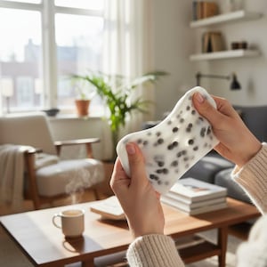 Puede incluir: Un juguete sensorial blanco, de forma oblonga, con puntos negros se sostiene entre dos manos. El juguete se estira, revelando su naturaleza flexible. El fondo incluye una mesa de centro, una taza y una ventana con luz natural.