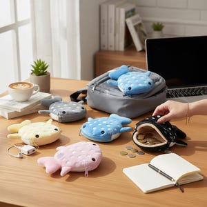 May include: Several whale-shaped coin purses in shades of yellow, pink, blue, grey, and black. The purses are made of soft material and have zip closures. Some are open, displaying coins. A laptop, notebook, and coffee cup are also present on the wooden surface.