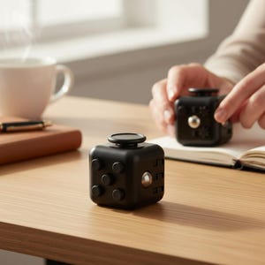 May include: Black fidget cube with various buttons and switches. The cube is on a wooden surface, with a second cube and a person's hand in the background. A cup of coffee and a notebook are also visible.