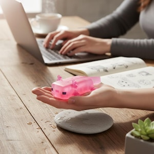 May include: A translucent pink axolotl toy with black eyes is held in a person's hand. The toy is resting on a wooden table, next to a smooth gray stone and a small potted succulent. A laptop and a cup of coffee are in the background.